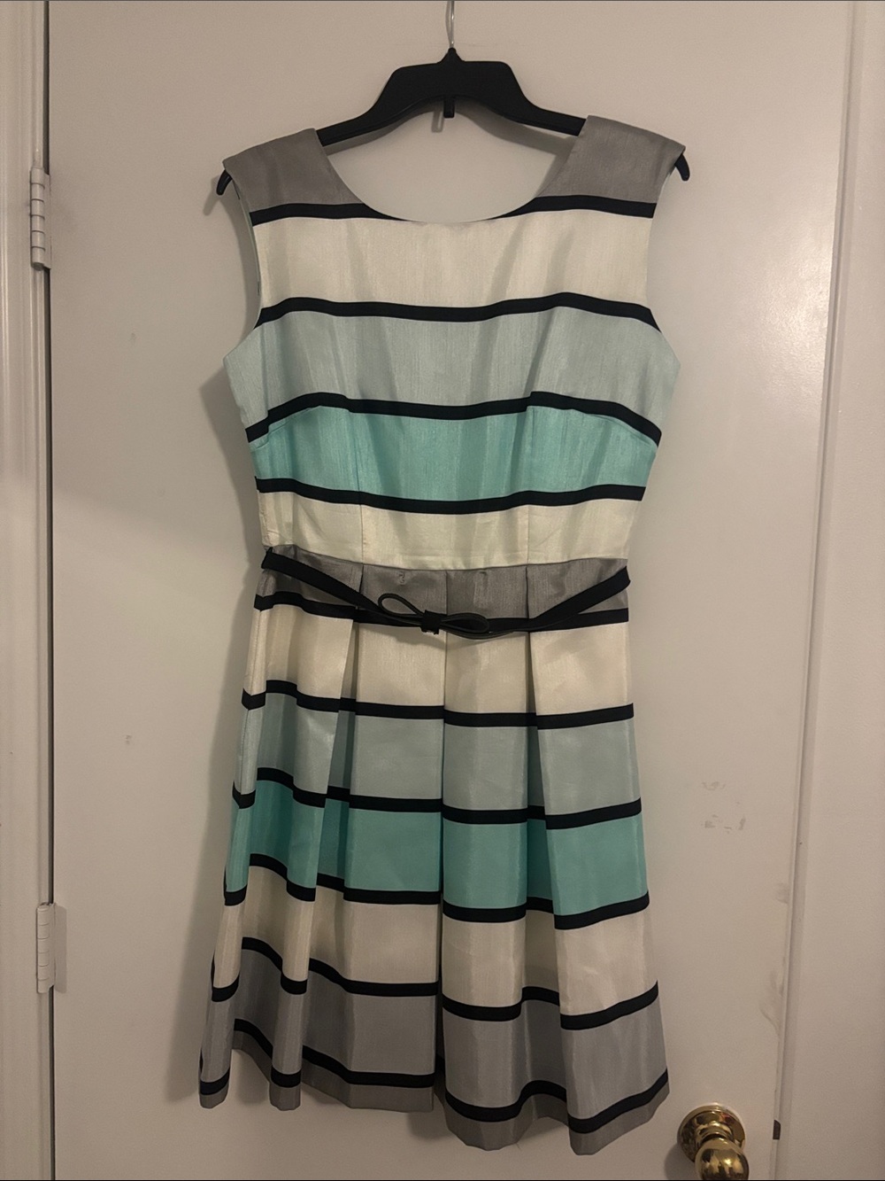 Danny & Nicole Striped Fit-and-Flare Dress in Mint, Gray and Cream